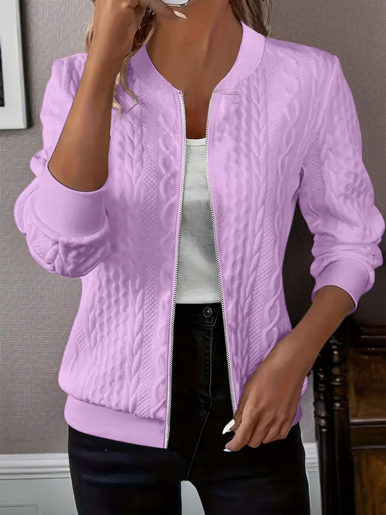 Side profile of fashionable winter jacket for women