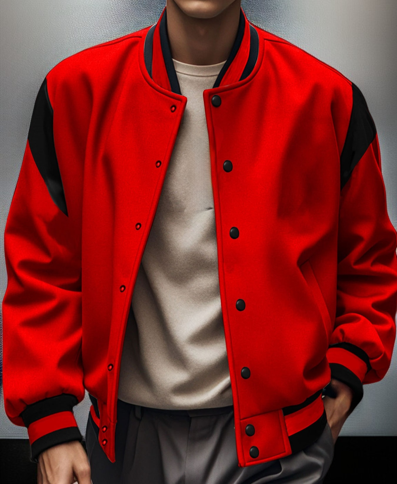 실외에서 착용한 남성 야구 자켓