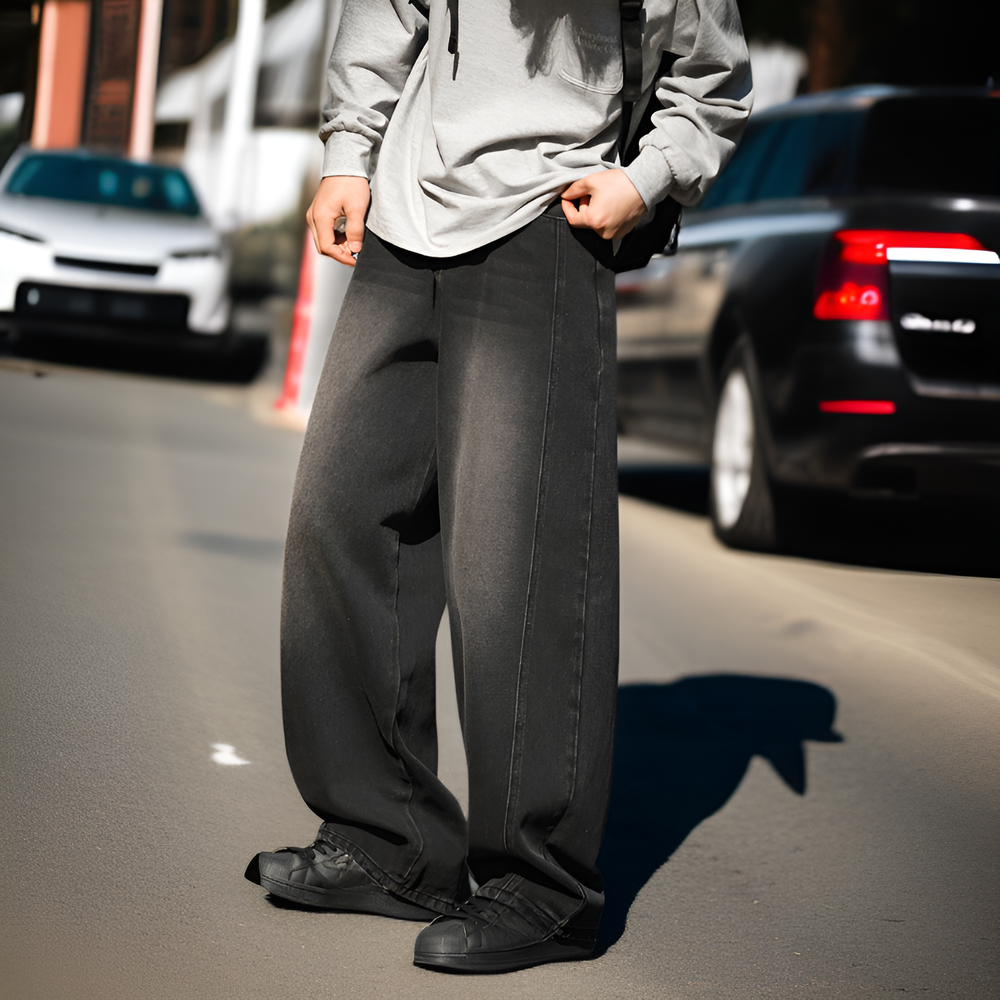 春新作メンズ分割パッチワークワイドシルエットデニムパンツ