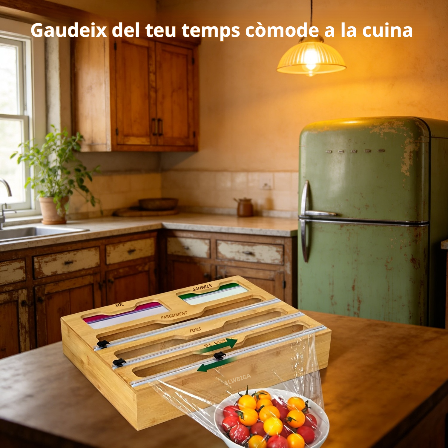 Tallador de paper d'alumini i film fresc de bambú sobre una cuina moderna