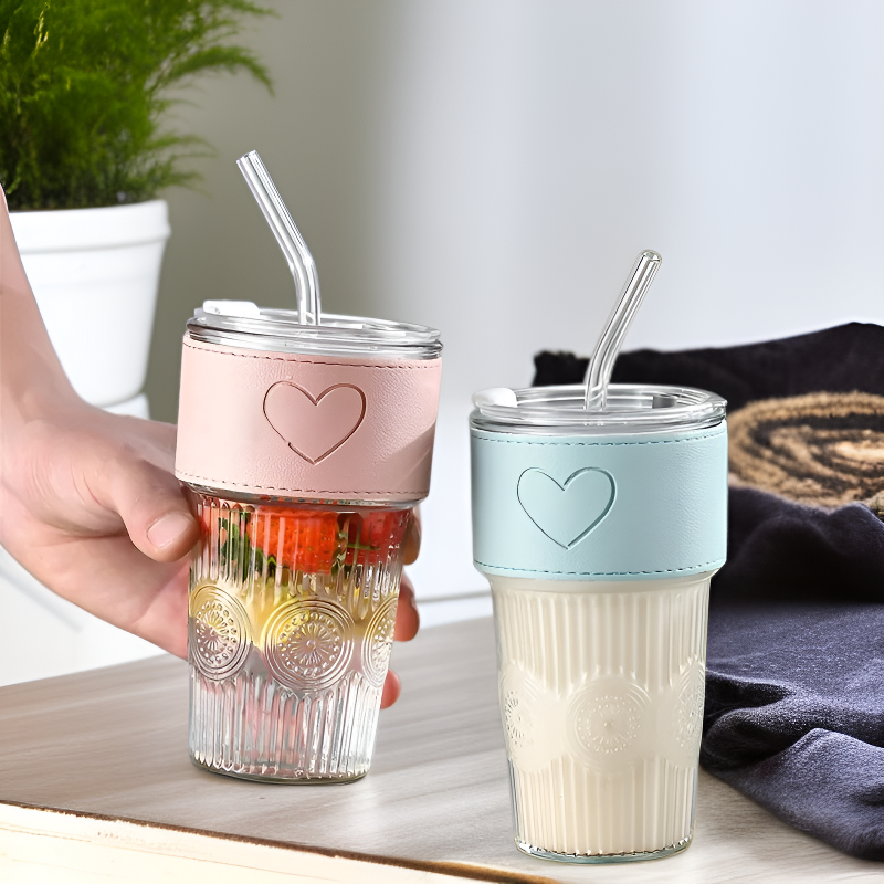 유리 빨대컵 보온 가죽 커버 밀크티 커피컵 사무실용 선물컵