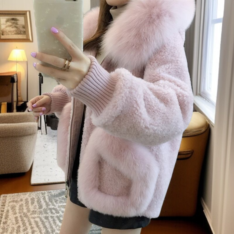 추동 모조 여우털 칼라 양털 트리밍 밍크 코트 여 추동 한국판 후드 숏 울 코트