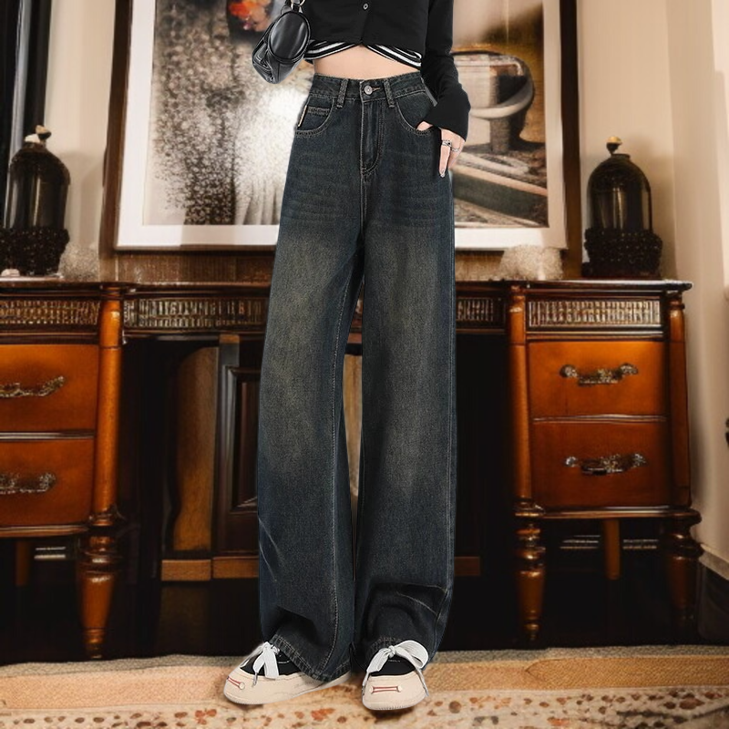 키 작은 여자 청바지 여하이웨스트 슬림핏 통 청바지 시멘트 스트레이트 진