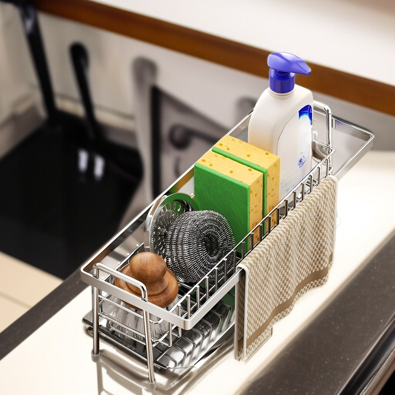 Multifunktionales Küchenregal aus SUS304 Edelstahl, automatischer Wasserablauf
