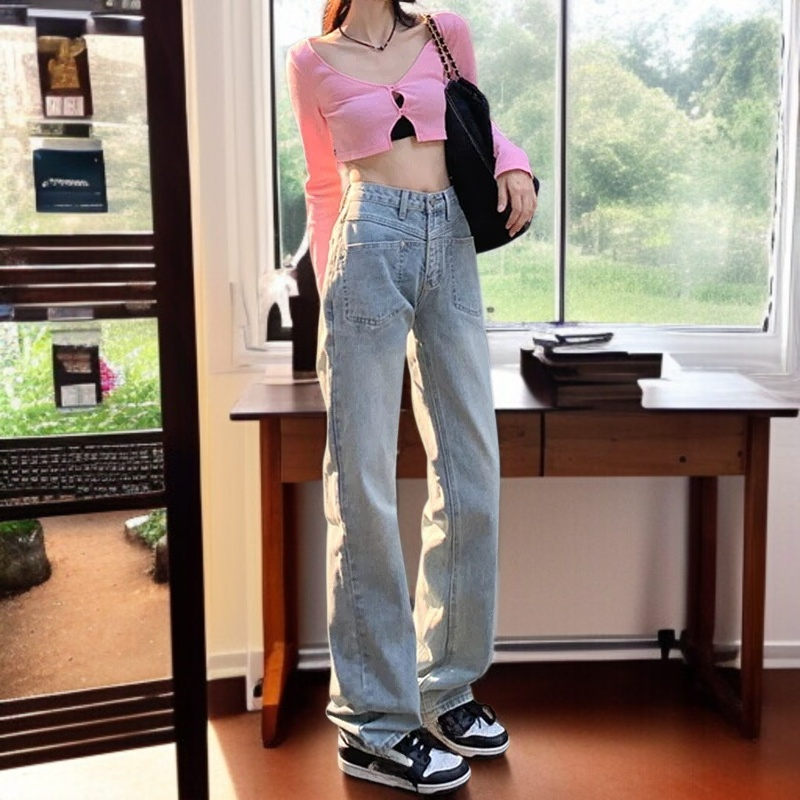 ハイウエストストレートドラッグパンツ プチゆるジーンズ エアリーワイドレッグドラッグパンツ