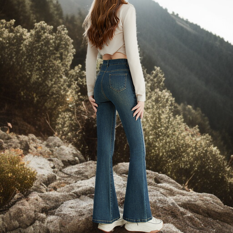 小さめハイウエストワイドジーンズ女性春春スリム細めマイクロフレアワイドパンツ