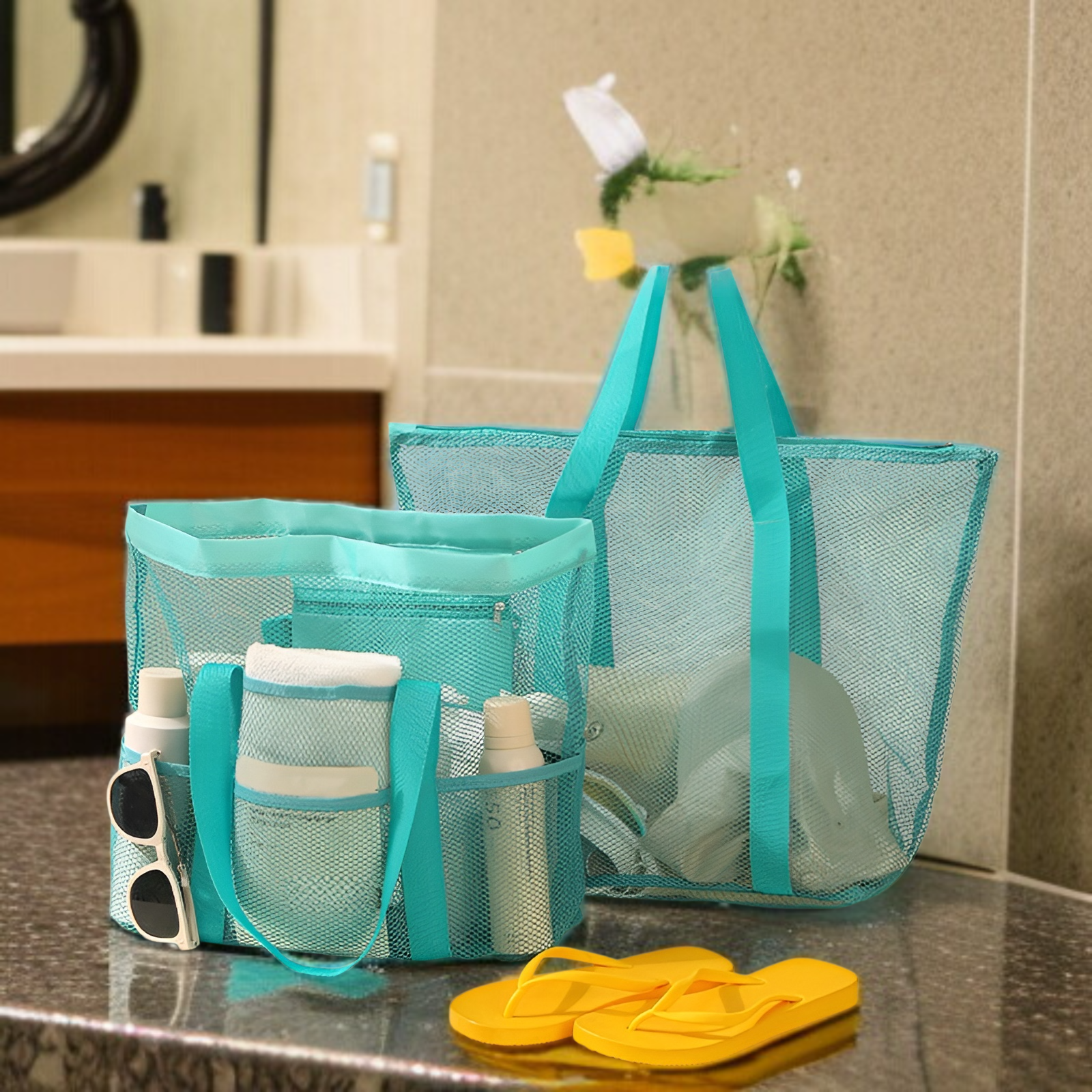 Strandtasche im neuen Stil, große Kapazität, Aufbewahrungstasche aus Netzgewebe für Reiseutensilien,