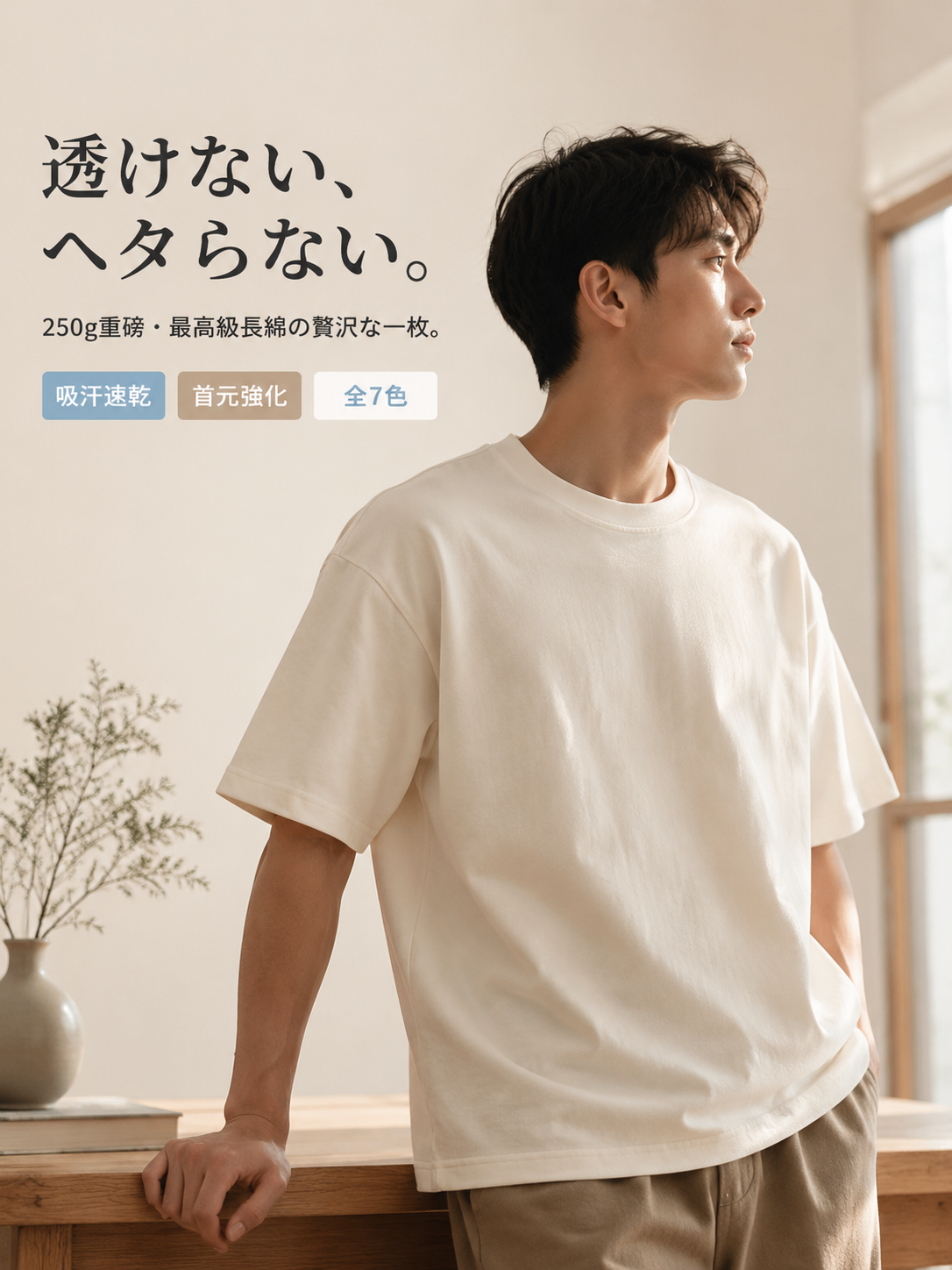 多色展開日本風メンズヘビーウェイト純綿半袖インナー
