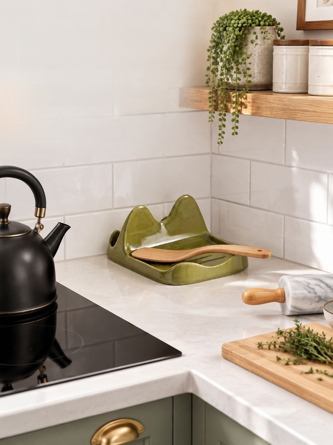 Ceramic spoon rest organizer beside a pot lid holder
