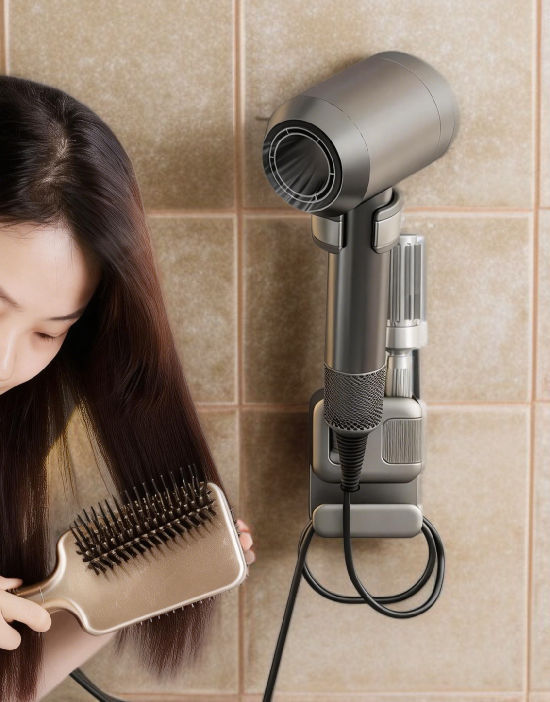 Modern bathroom with hair tool storage rack