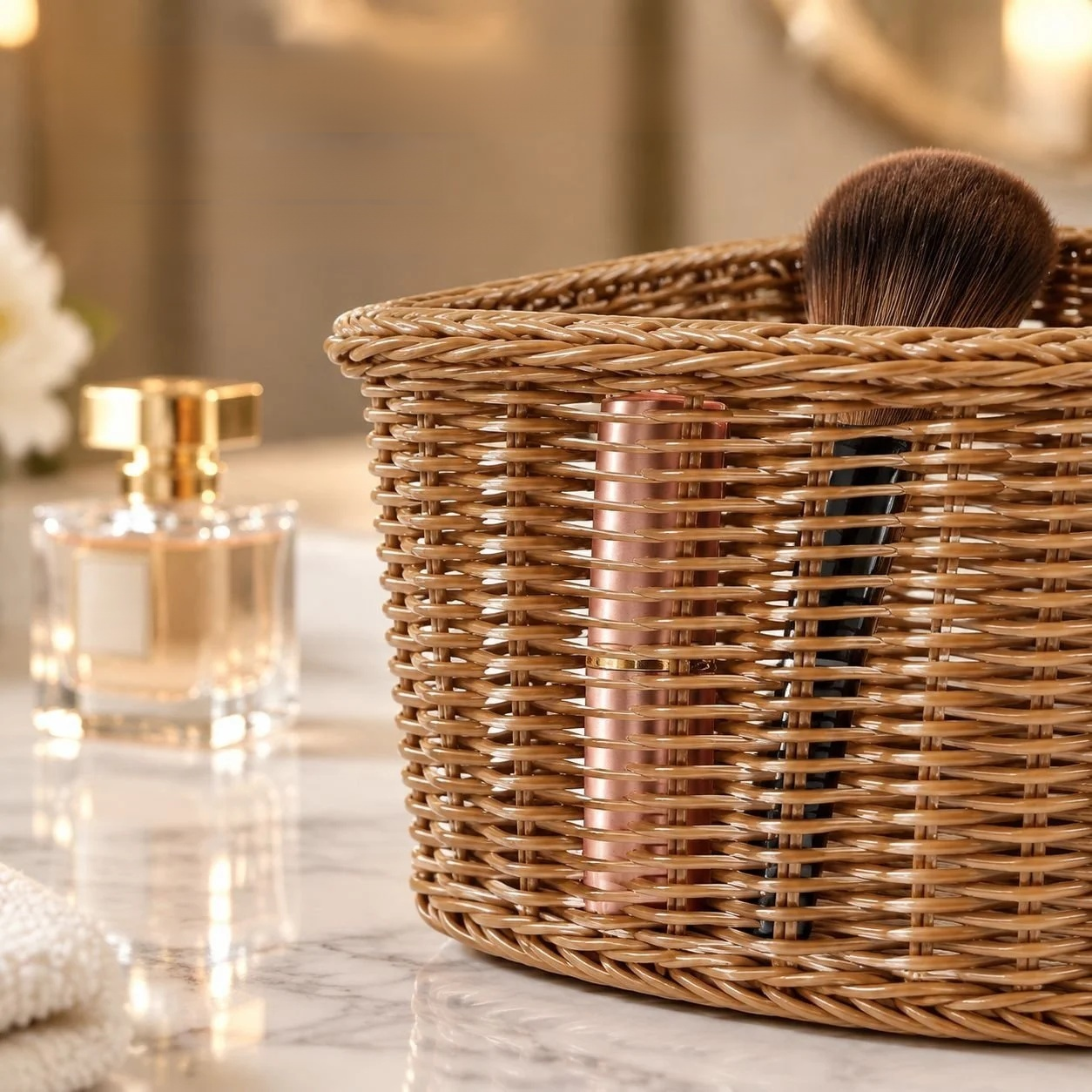 Corner storage basket neatly arranged in a kitchen cabinet.