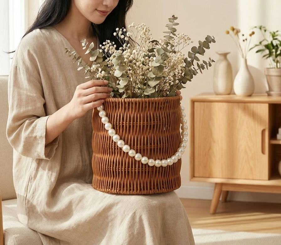 リビングに置いた収納用ラタンバスケット