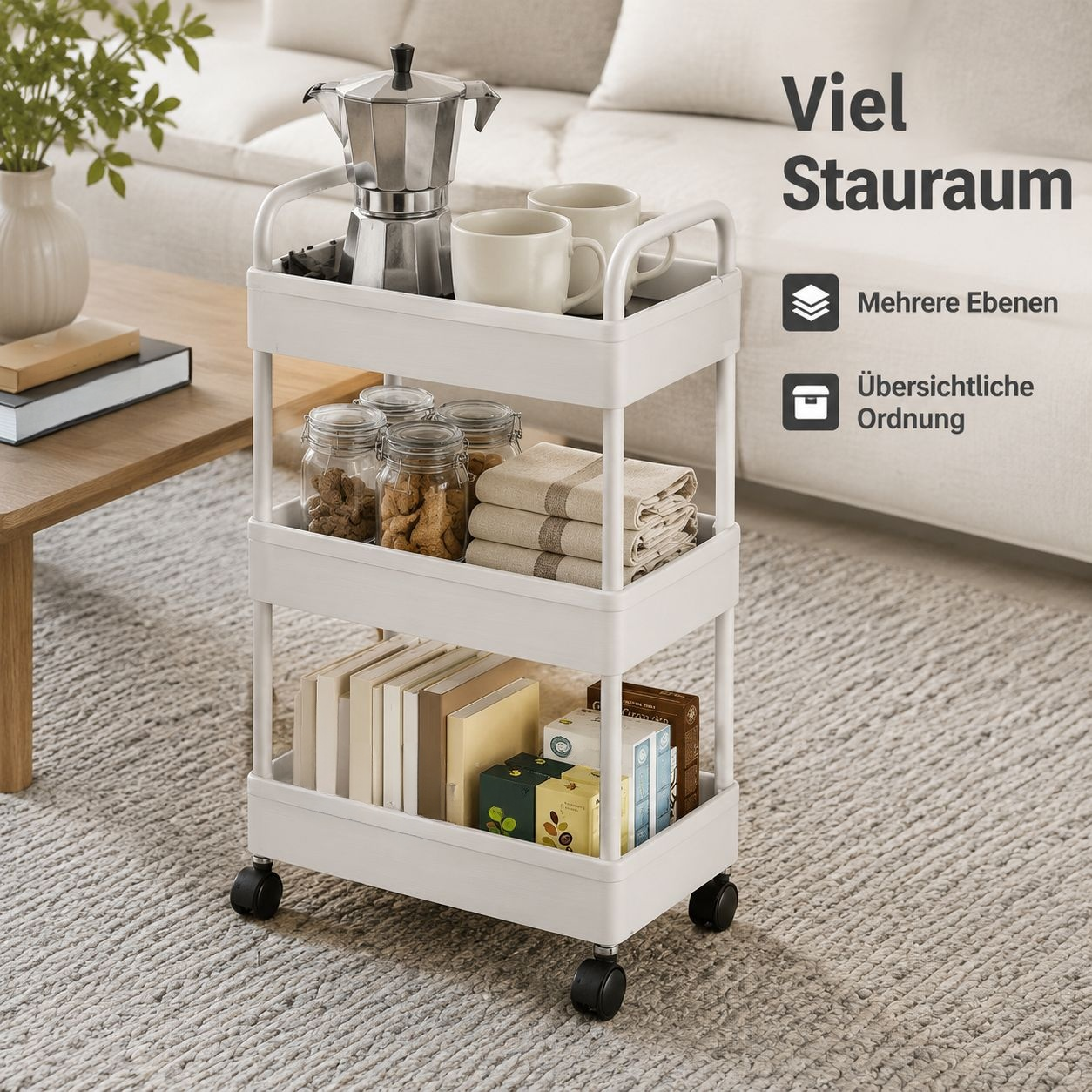 Mehrstöckiges Aufbewahrungsregal mit Trolleyfunktion für Zuhause