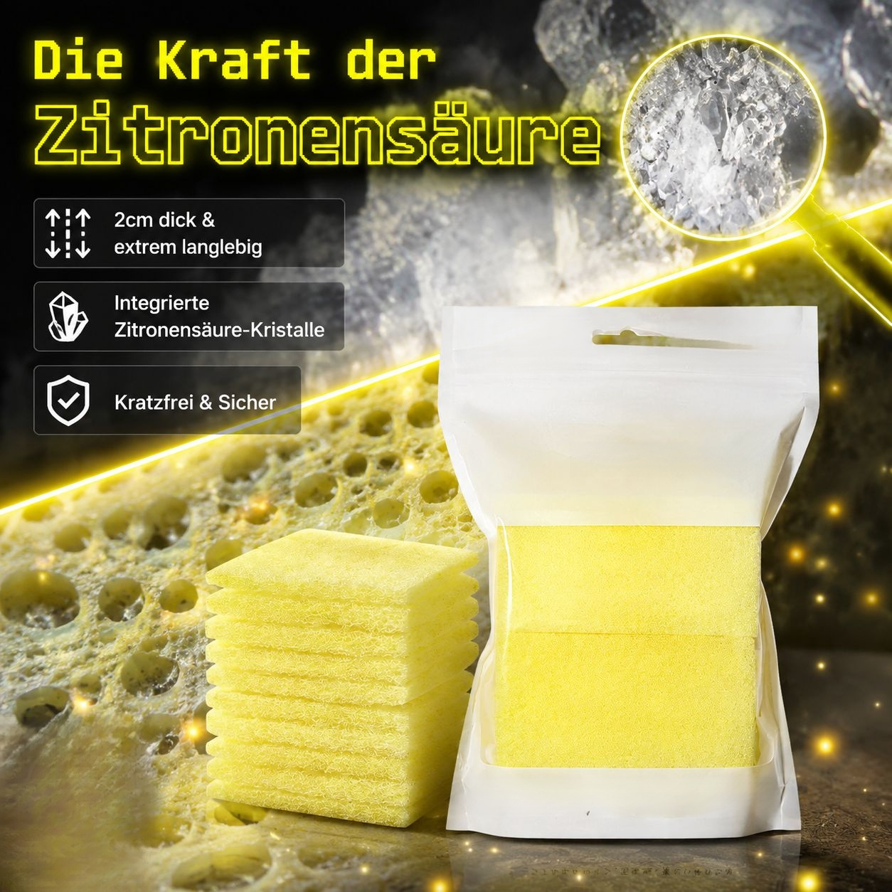 Zitronensäure-Kalkreiniger Schwamm für Badezimmer, Wasserhahn, Glas, Dusche