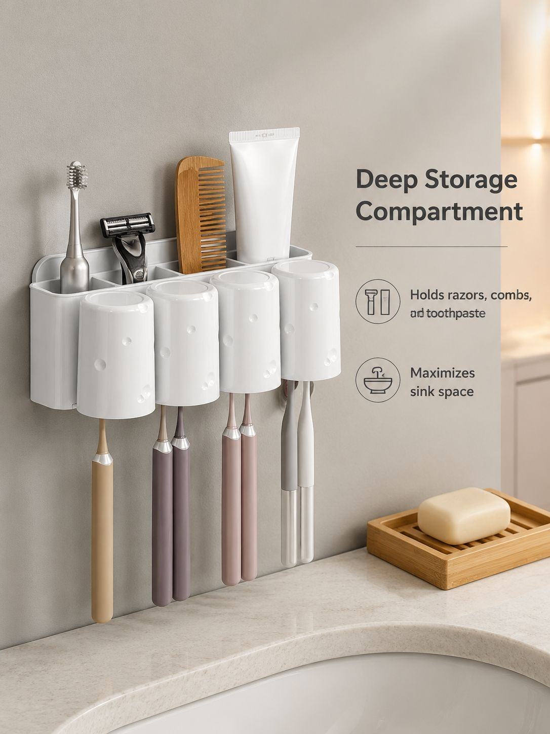 Toothbrush stand organizing brushes near the bathroom sink