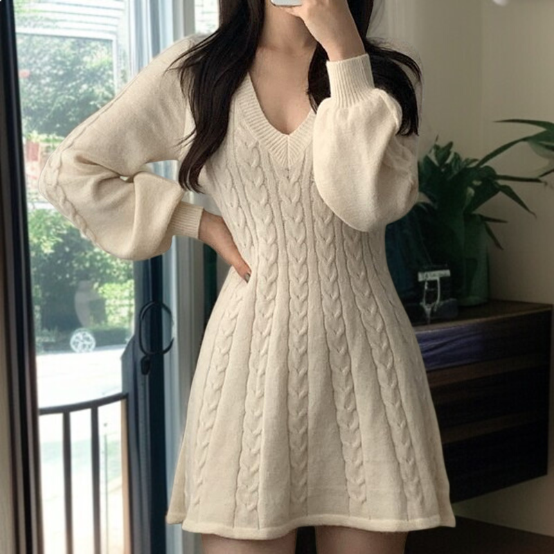 秋冬のヴィンテージ風麻の花柄Vネックウエストマークの小柄ロングスリーブAラインニットワンピース女性向け