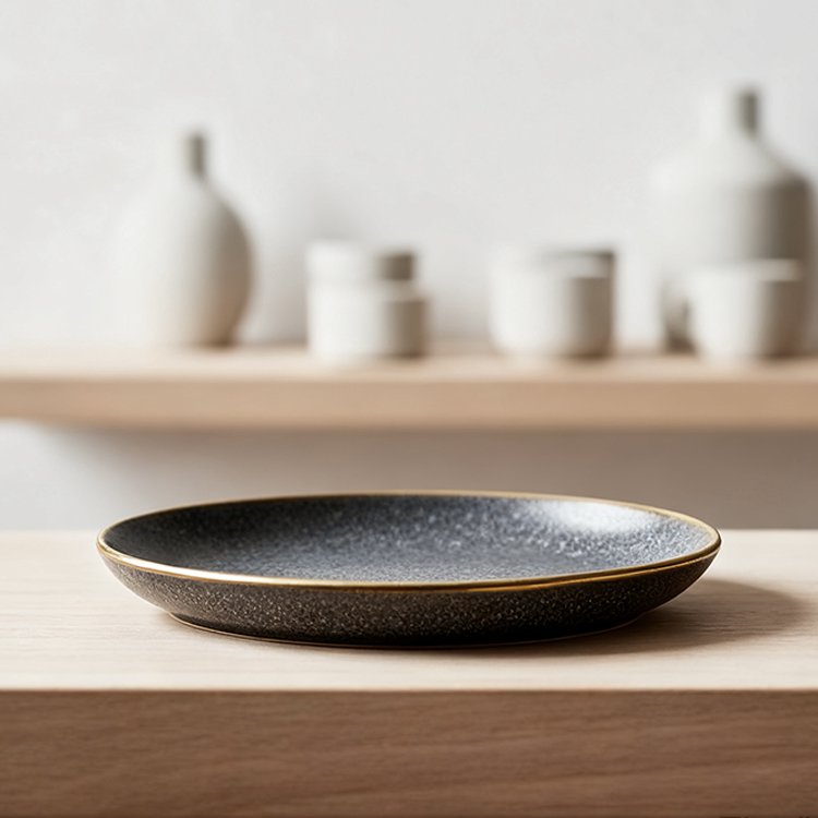 Černý keramický talíř se zlatým okrajem