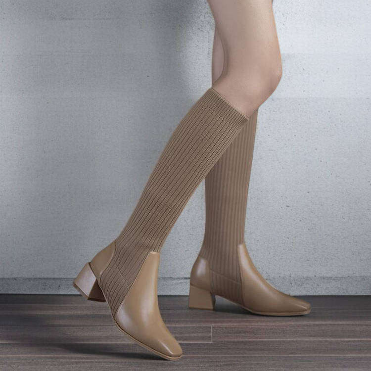 編み皮靴ロングブーツ女性用新作膝上までスリムに見せる弾力性のある編み中筒加減高いヒールのハイブーツ