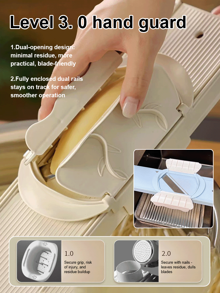 Essential kitchen tool: hand-safe vegetable slicer and shredder.