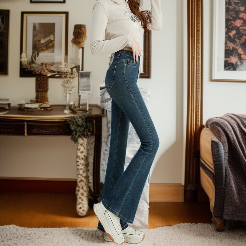 小さめハイウエストワイドジーンズ女性春春スリム細めマイクロフレアワイドパンツ