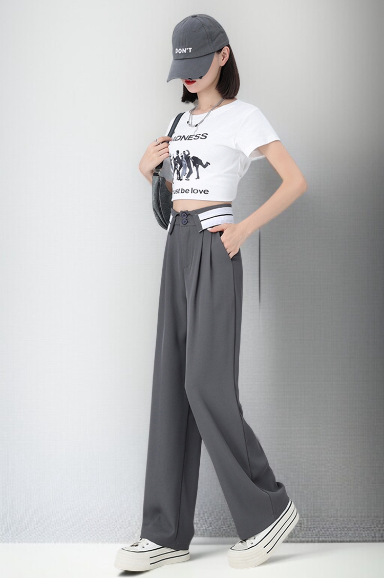 여름 홍콩 캐주얼 와이드 팬츠 그레이 하이웨스트 드롭 슬랙스 정장바지 여 플랩 슬림 와이드 팬츠