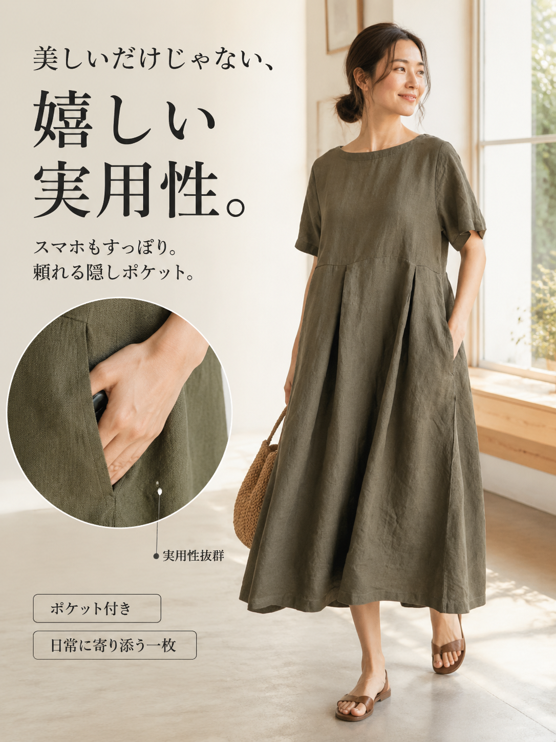 【HOT SALE】Monolly プレミアムリネン混 エレガントAラインワンピース
