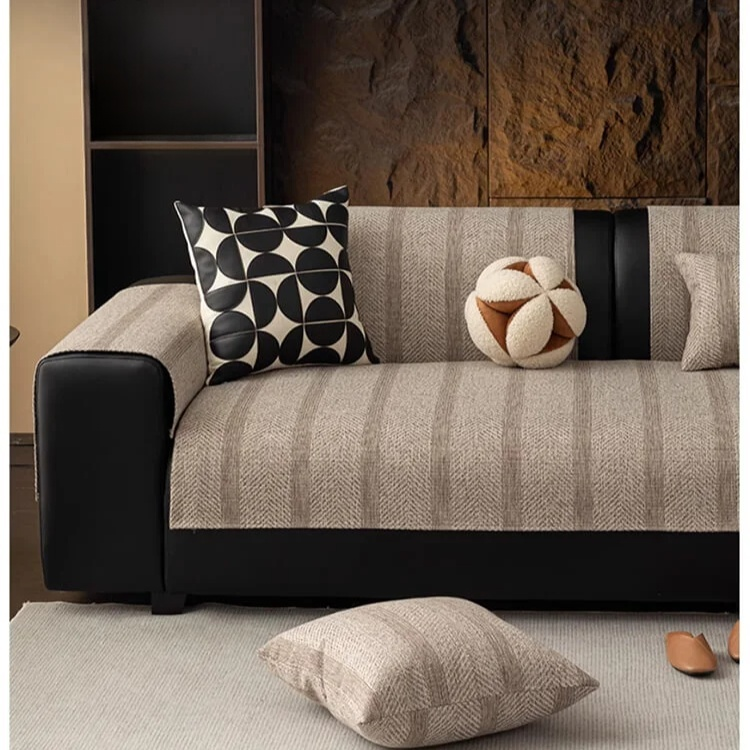 四季用リネン風ヘリンボーン柄ソファマット