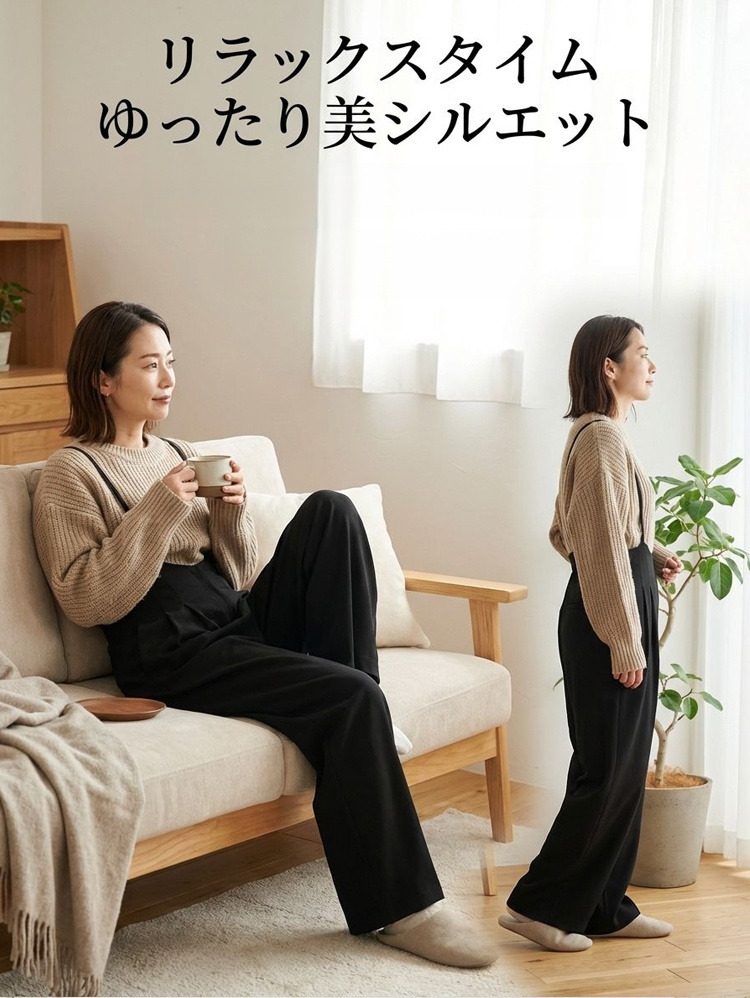 サスペンダー付きハイウエストサテンワイドパンツ