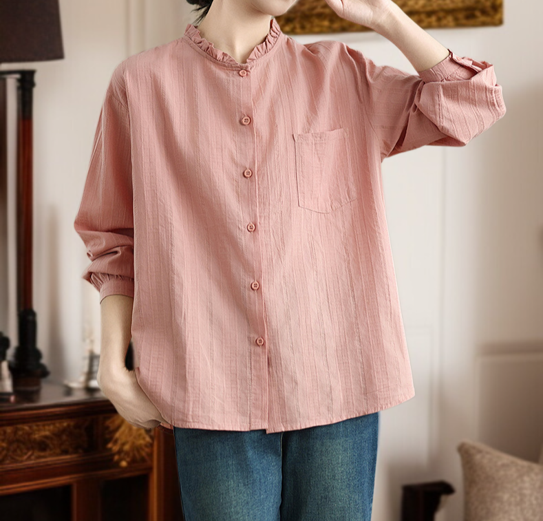 여성 문예 루즈핏 목이버섯 면 자카드 긴팔 셔츠 정면 이미지