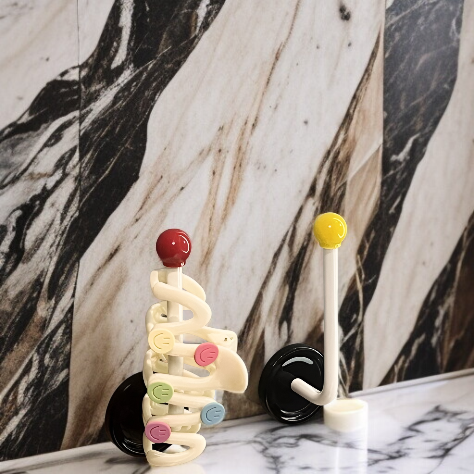 Organized bathroom with mounted hair accessory rack