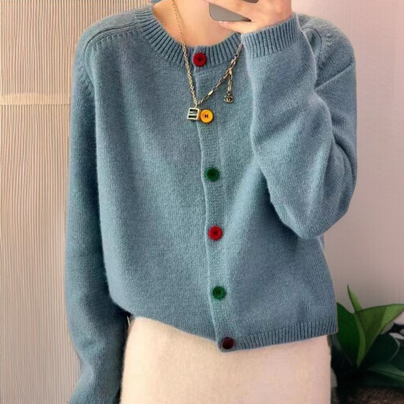 연령감소 쇼트 니트 카디건 코트 루즈 라운드 니트 카디건 단추 니트 카디건녀