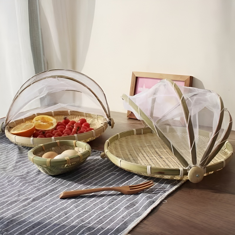 ตะแกรงไม้ไผ่กับตาข่ายกันแมลงสำหรับจัดเก็บ