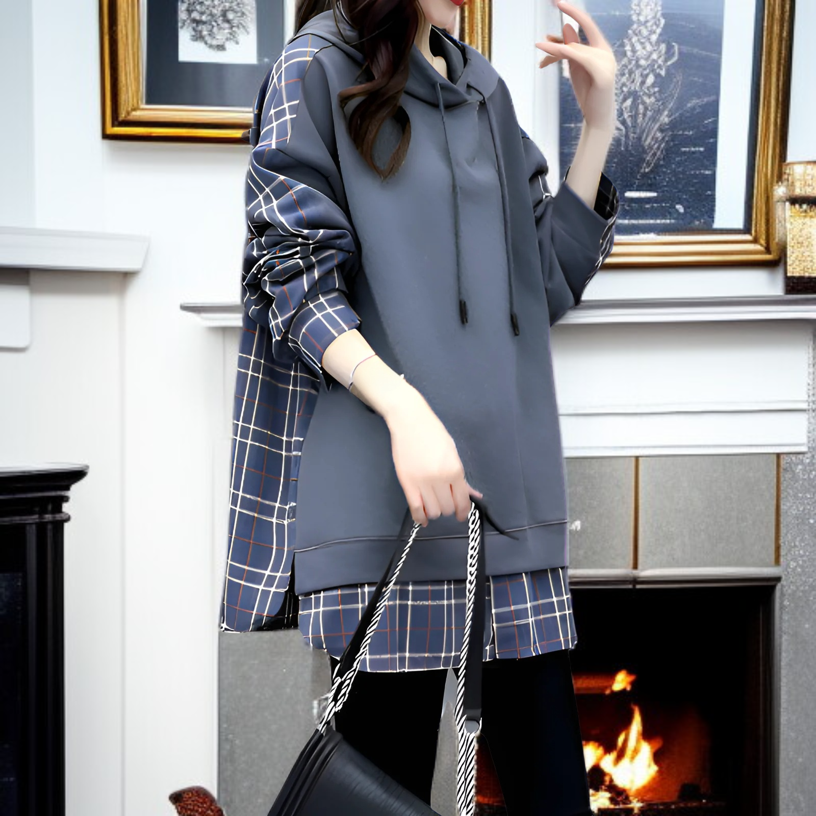 チェック柄パッチワークレディーストップス後ろ姿