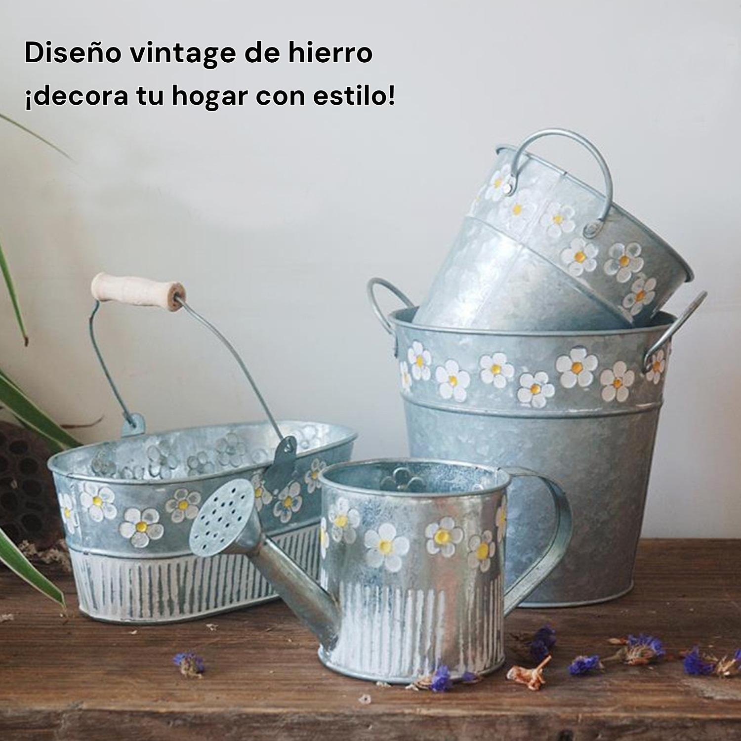 Maceta de hierro vintage, cubo de metal para flores secas