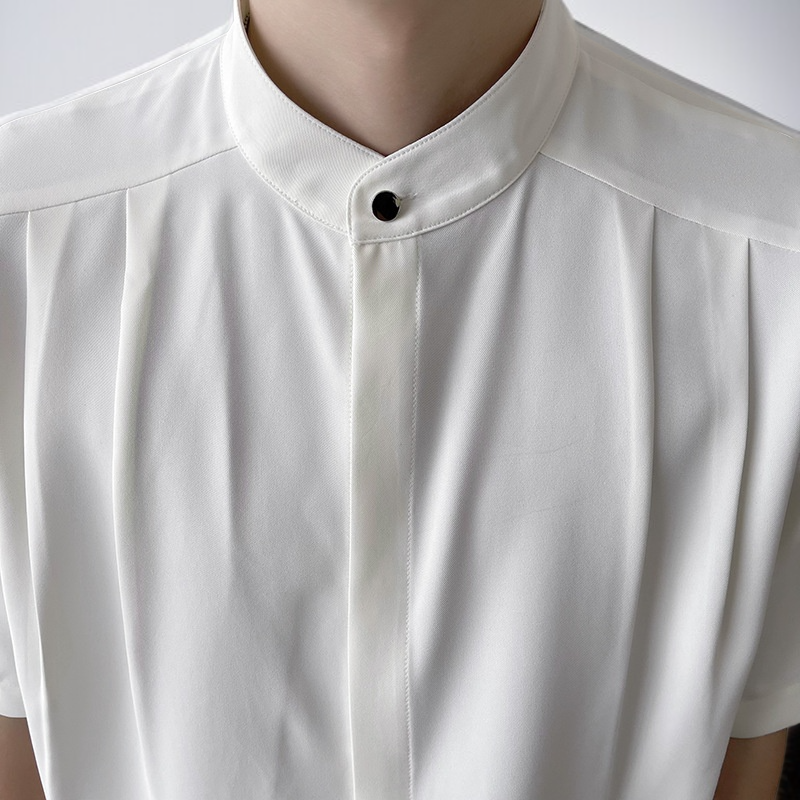 여름 아이스 실크 스탠딩 칼라 미디움 슬리브 남성 셔츠