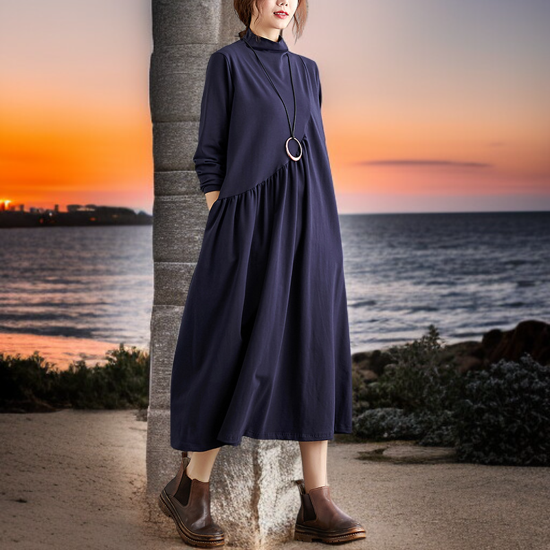文学的なレトロなルーズコットンドレスレディースドレスハーフハイネックボトムドレスハーフハイネックルーズコットンレディースドレスドレス