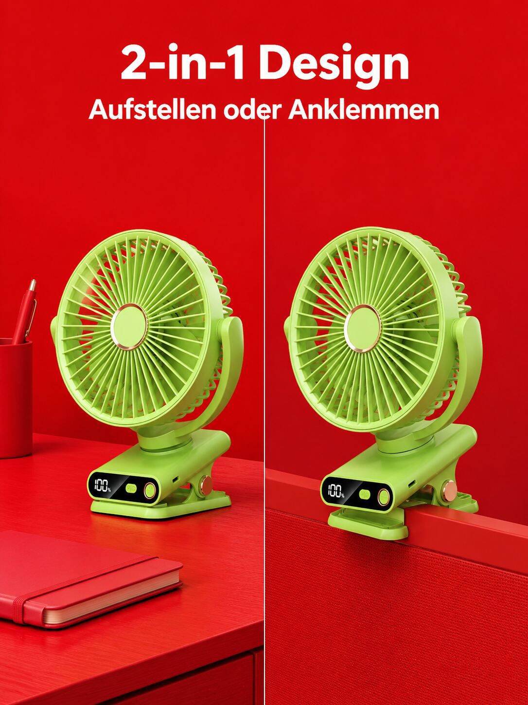 Tischventilator mit Klemme, automatische Oszillation, USB-betrieben