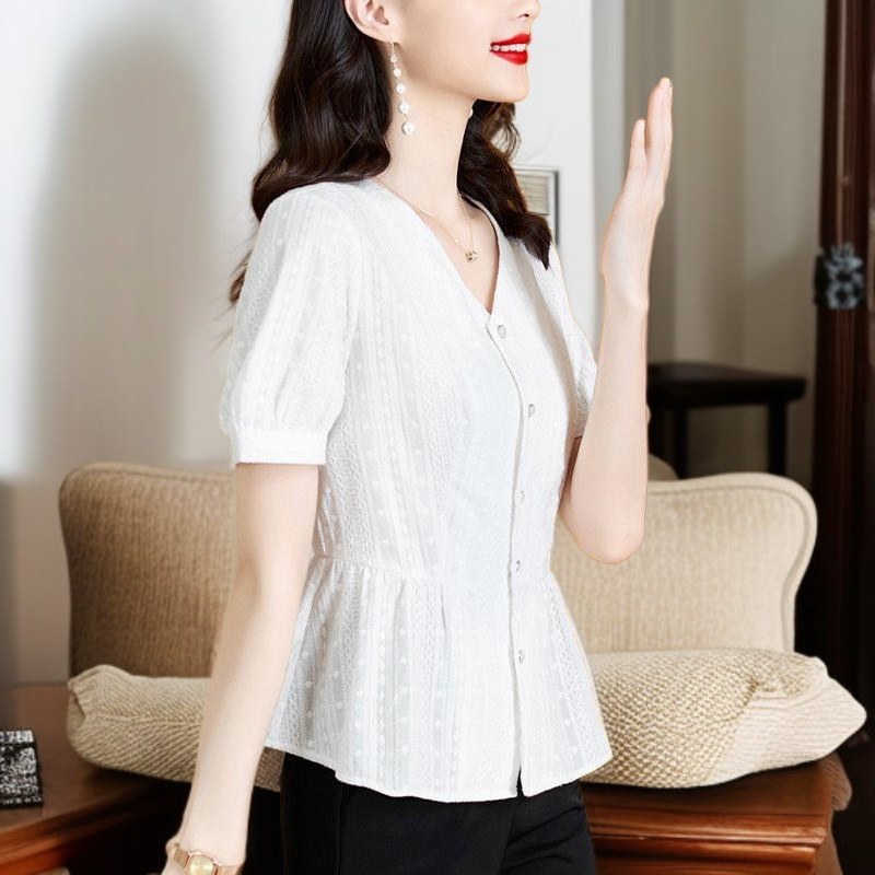 여름 신상 패셔너블하게 배를 가리는 중년 엄마 허리띠를 줄여 날씬해 보이는 블라우스녀