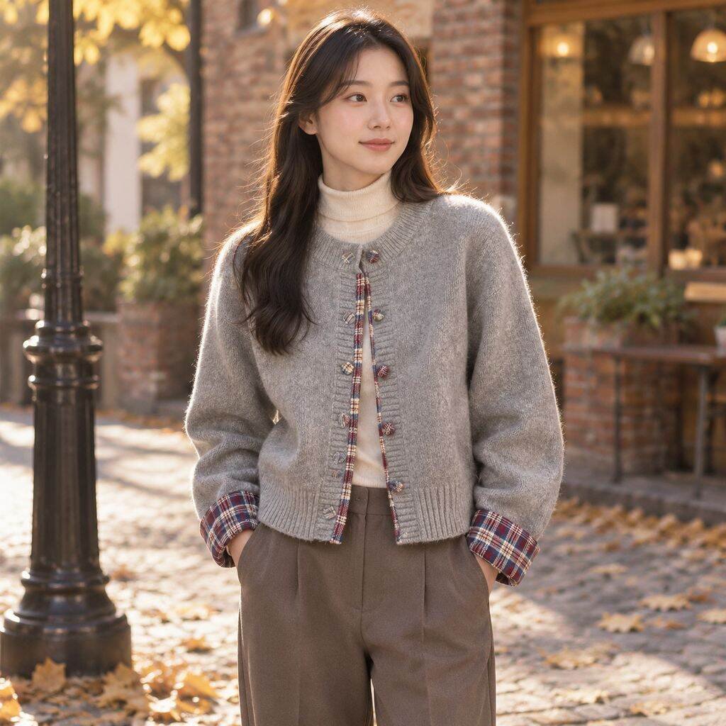 여성용 컬러블록 체크 니트 재킷 (가을/겨울)