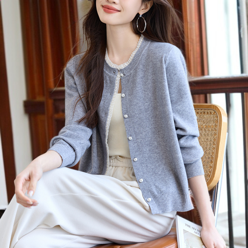 여성 그레이 니트 가디건 아우터 무드 상의 레이스 긴팔 니트