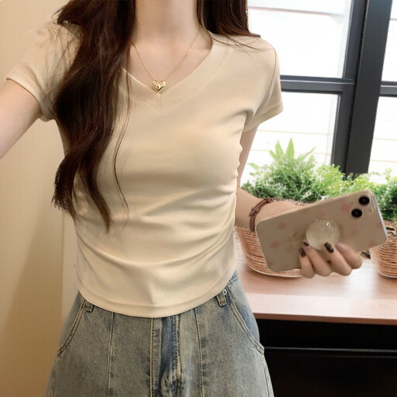 レディース半袖アイスシルクカラーボーンシックプリーツ半袖Tシャツトップス