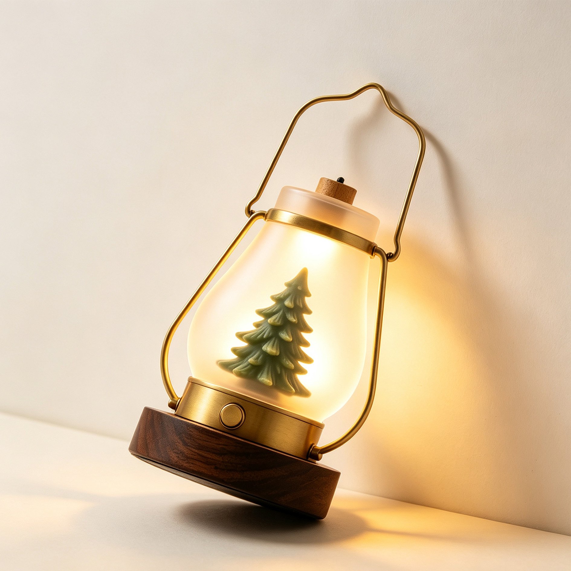 Forest tree lantern night light glowing on bedside table