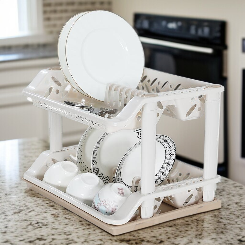 Kitchen double-layer plastic rack drain rack dish rack tableware washing rack double-layer cutlery r