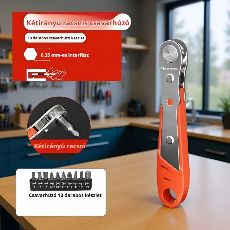  90 fokos derékszögű racsnis csavarhúzó és multifunkciós villáskulcs készlet