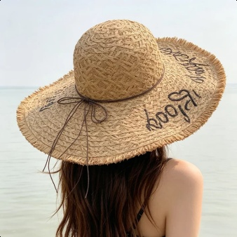 Sommerlicher Damen-Strohhut mit breiter Krempe  Sonnenschutz  gestickten Buchstaben  Strandhut