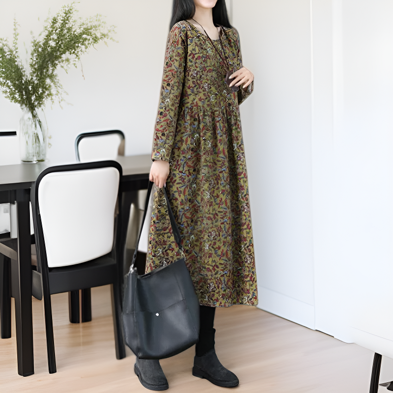ゆったりヴィンテージコットンリネンプリントワンピース レディース春新作 長袖マキシドレス