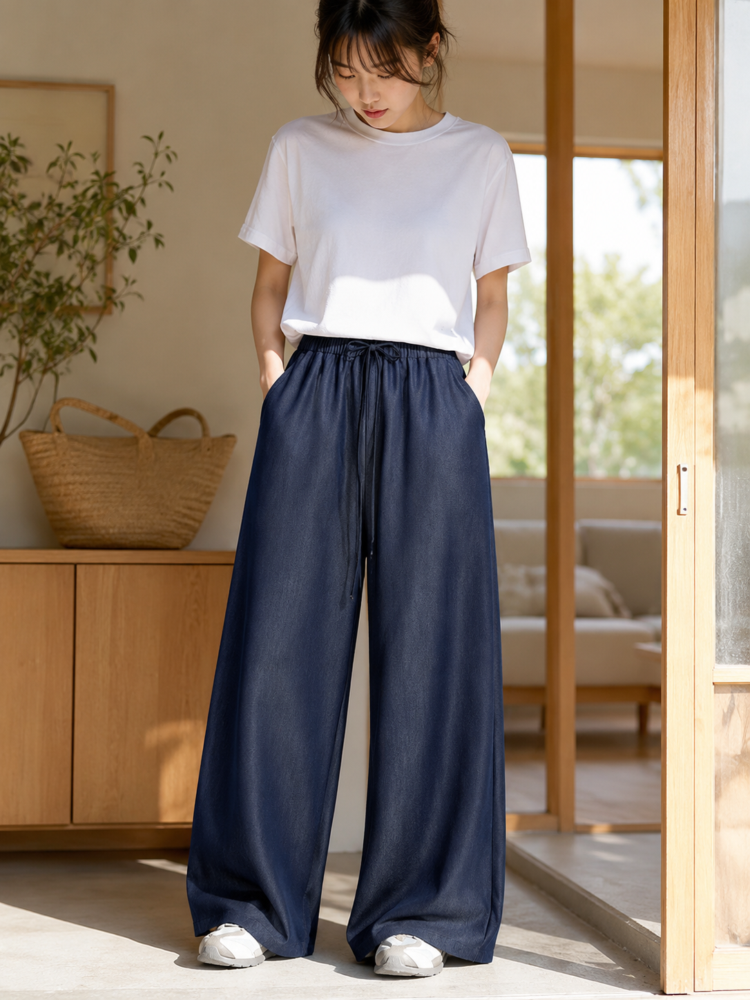 ゆるふわハイウエスト薄手デニムパンツ レディース