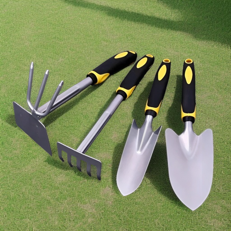 Close-up of ergonomic handle on gardening hoe and shovel