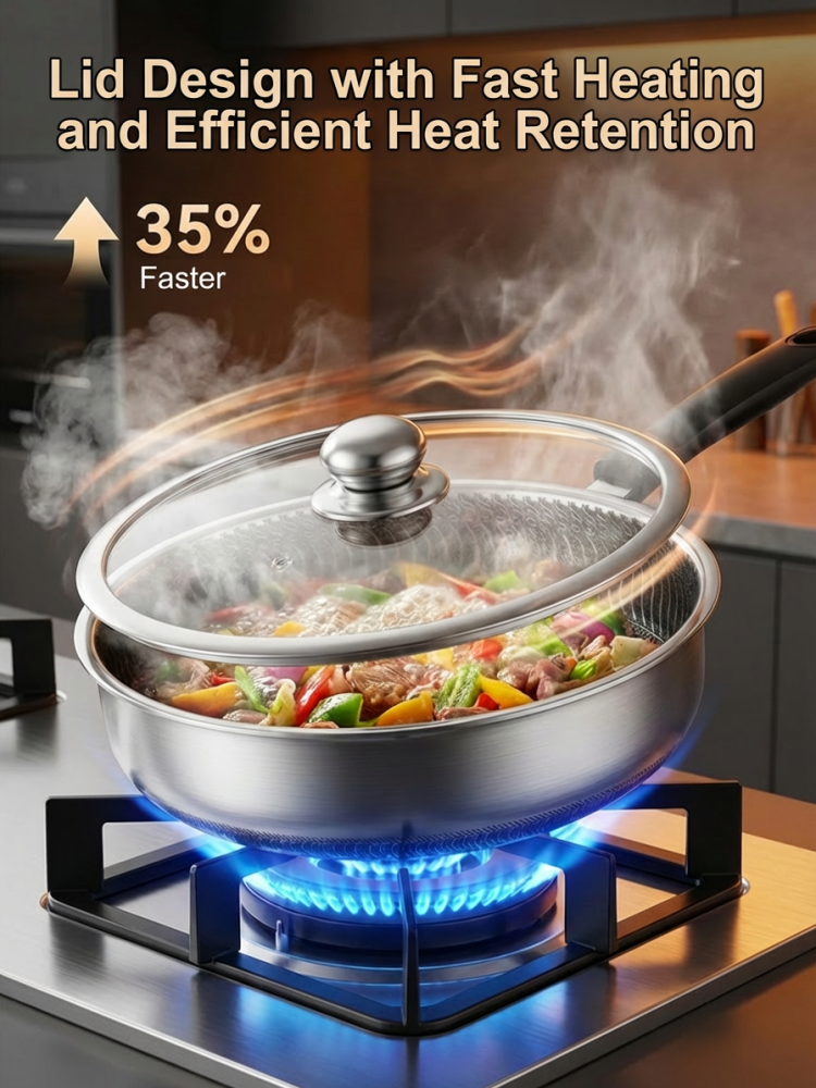 【Includes a lid】Pro Hybrid Stainless Steel Honeycomb Skillet❤️Scratch Resistant Non Stick