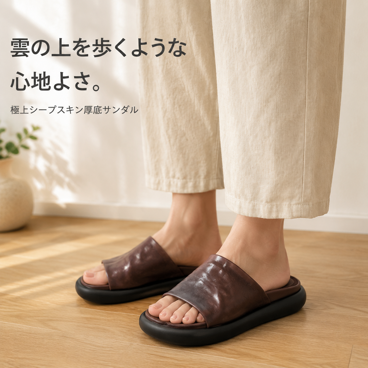 夏用羊革厚底スリッパ レディース レトロ風 外履き